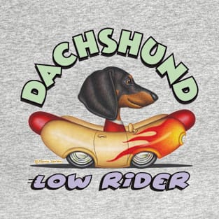 Cute Doxie Dog driving a lowrider Wienermobile with fire flames T-Shirt